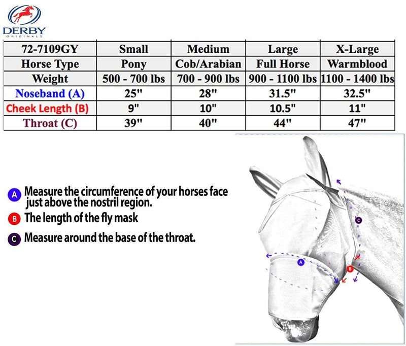 Derby Originals Reflective Fly Mask with One Year Warranty - with Ears and Nose Cover X-Large (Oversized/Warmblood) Grey - BeesActive Australia