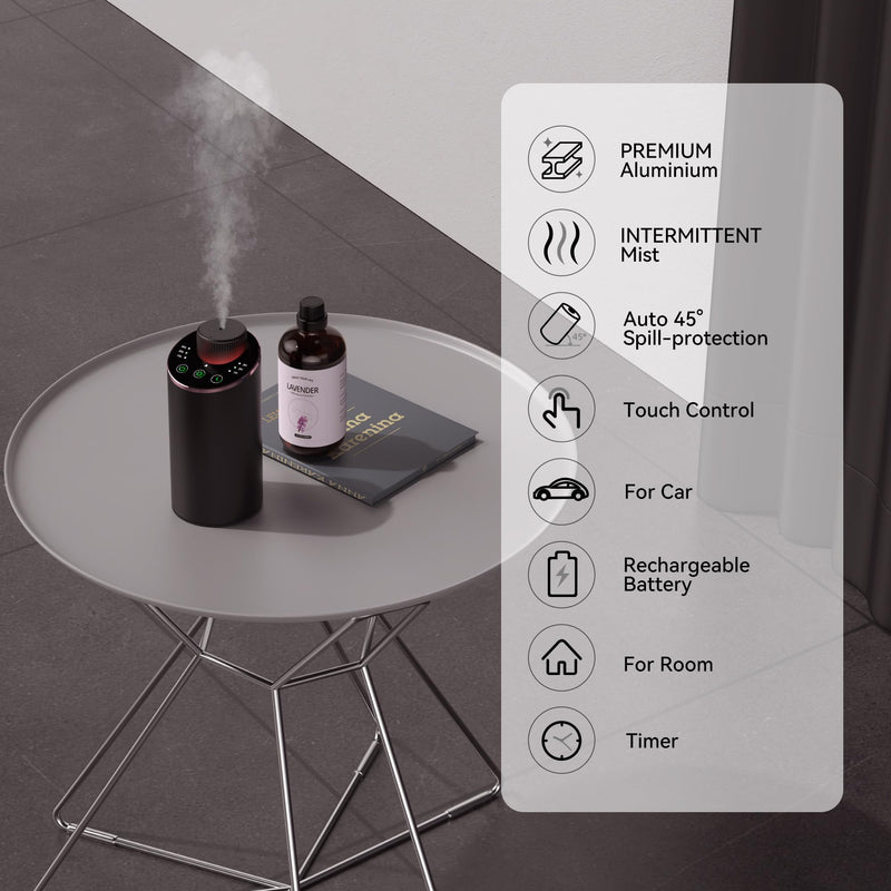 Waterless Essential Oil Diffuser Aromatherapy Scent Diffusers for Home Large Room, Bedroom, Car, Office, Desk, Battery Operated Mini Portable Air Freshener, 3 Countdown Timers & 3 Mist Levels Black - BeesActive Australia