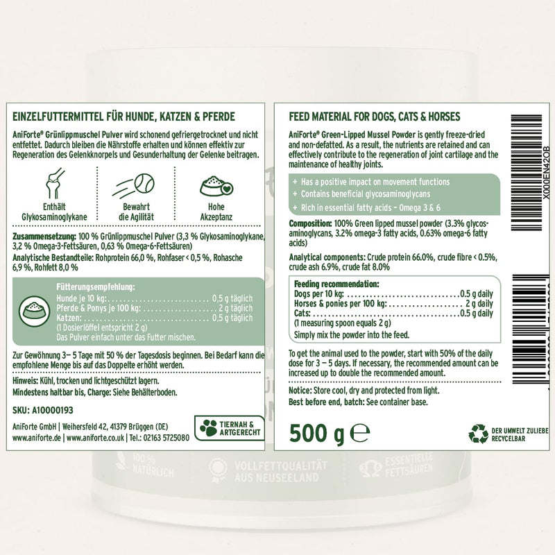 AniForte Green Lipped Mussel for Dogs and Cats 500g Powder - 100% Natural Joint Supplement with Glucosamine, Lipids, Omega-3 Fatty Acids, Minerals and Amino Acids