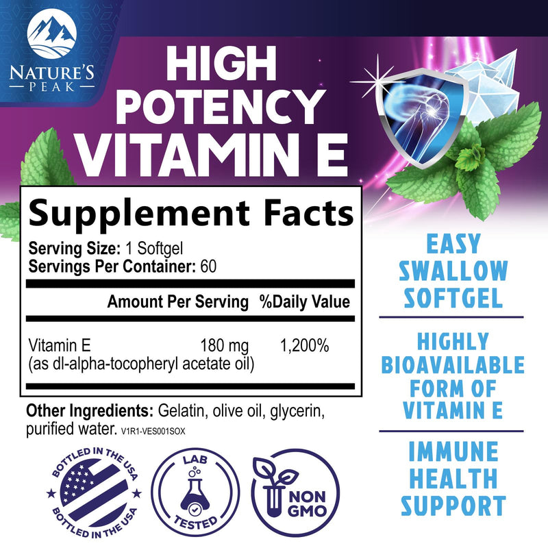 Vitamin E 180 mg Per Serving Softgels - E Vitamin DL-Alpha, Antioxidant-Rich Dietary Supplement for Skin, Heart, and Immune Support, Bottled USA, Easily Absorbed, Non-GMO & Gluten Free - 60 Softgels 60 Count (Pack of 1)