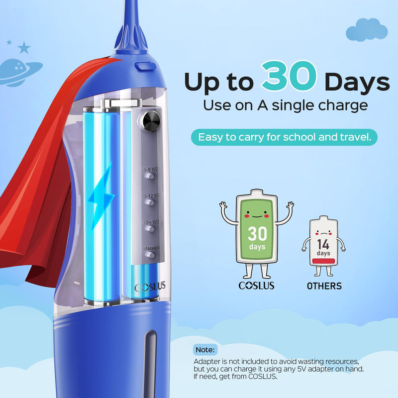 COSLUS C31 Kids Water Dental Flosser Deep Cleaning Picks Portable 4 Modes for Ages 6+ Safe Waterproof Rechargeable with 2 Jet Tips for Gums Care Red Blue