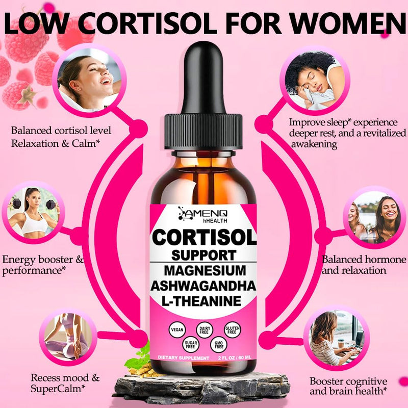 Cortisol Supplements for Women & Men, Reducer Manager Support Liquid Drops | 17-in-1 Cortisol Detox Support w. Ashwagandha, Magnesium & L-Theanine for Calm, Stress, Mood, Sleep & Focus, Vegan Non-GMO Raspberry 4 Fl/Oz (Pack of 2)