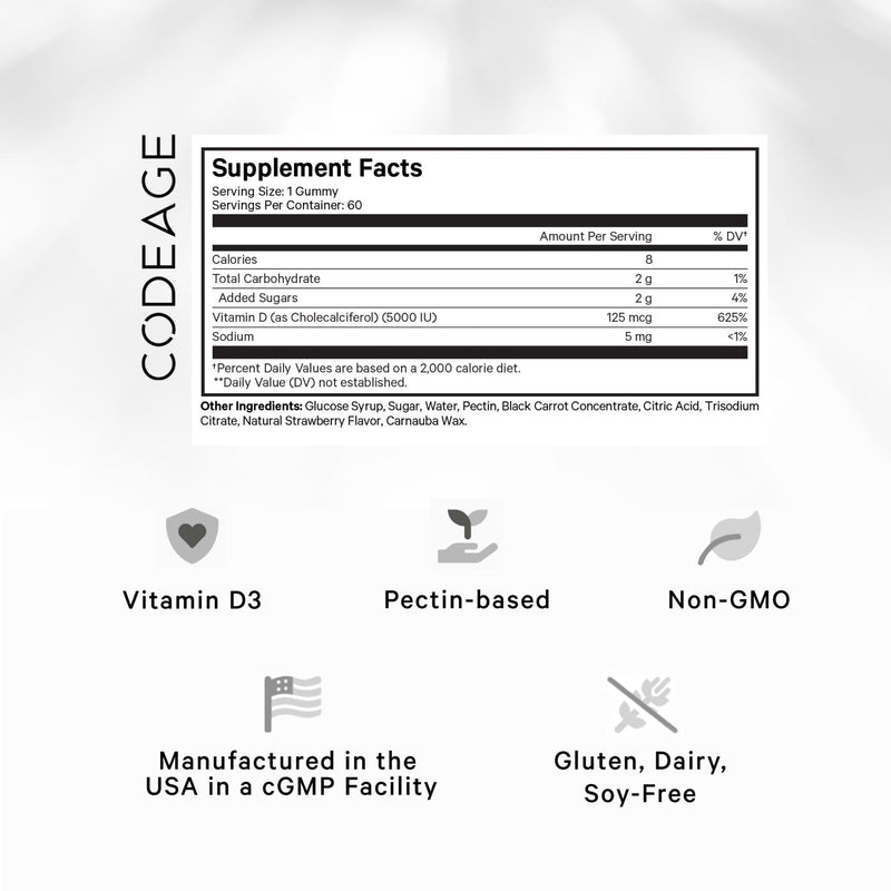 Codeage Vitamin D3 Gummy Vitamins, Vitamin D3 5000 IU Gummies Cholecalciferol 125 mcg - 2-Month Supply - Soft Pectin-Based, Animal Gelatin-Free Vitamins Gummy, Strawberry, Gluten-Free - 60 Gummies