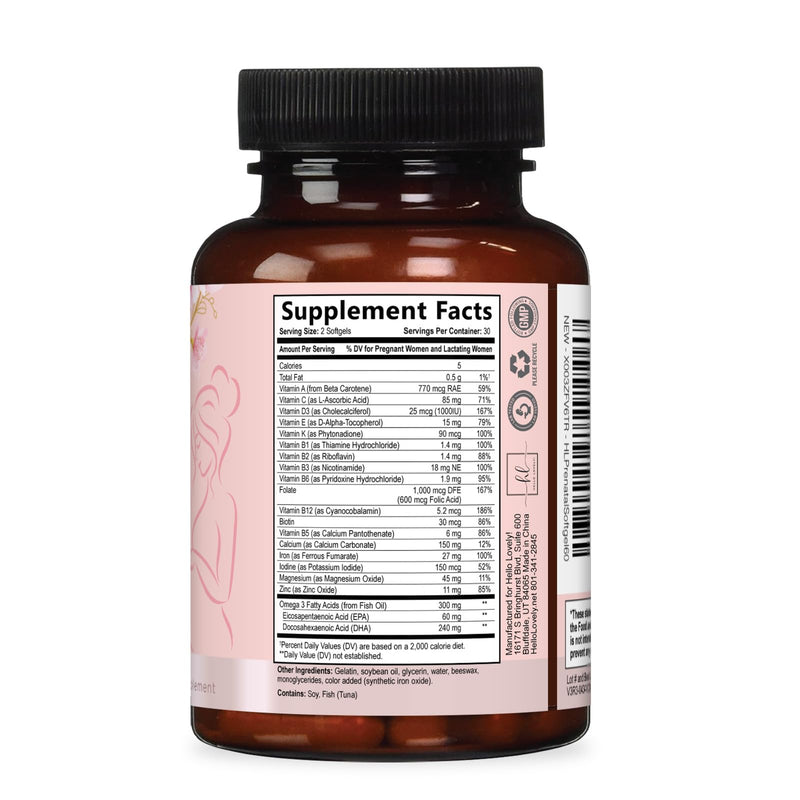 Prenatal Vitamins for Women with Folic Acid + Omega 3 DHA for Fetal Development Support - Prenatal Vitamin Supplement For Mom & Baby - Daily Pregnancy Multivitamin Nutritional Support - 60 Softgels 60 Count (Pack of 1)