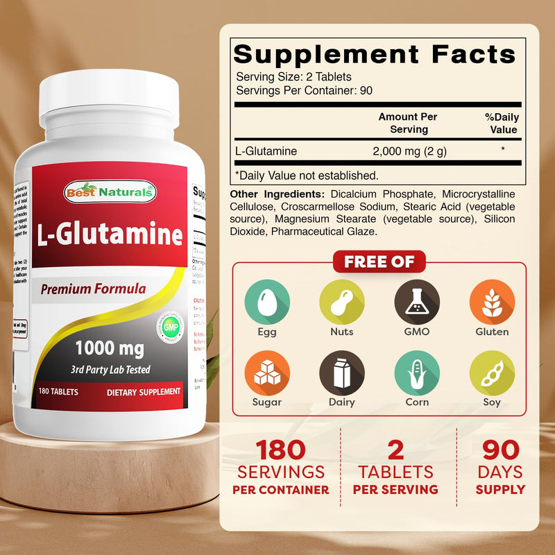 Best Naturals L-Glutamine 1000 mg 180 Tablets (180 Count (Pack of 2)) 180 Count (Pack of 2)