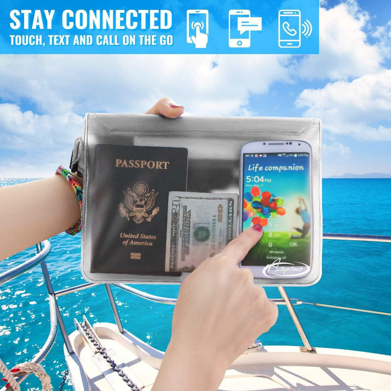 AiRunTech Waterproof Pouch with Waist Strap (2 Pack) | Beach Accessories Best Way to Keep Your Phone and Valuables Safe and Dry | Perfect for Boating Swimming Snorkeling Kayaking Beach Pool Water Park Clear + Clear