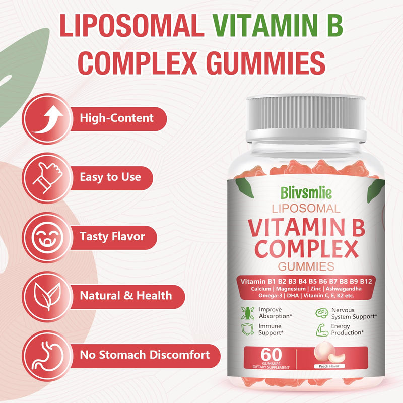 33-IN-1 Liposomal Overall 3500mg + Vitamin B Complex Gummies -B1, B2, B3, B4, B5, B6, B7, B8, B9,B12 | Vitamin C, D3,K2 | Coq10 Omega 3 etc for Energy, Brain,Immune,Skin Support &Heart Support ﻿ 60 Count (Pack of 1)
