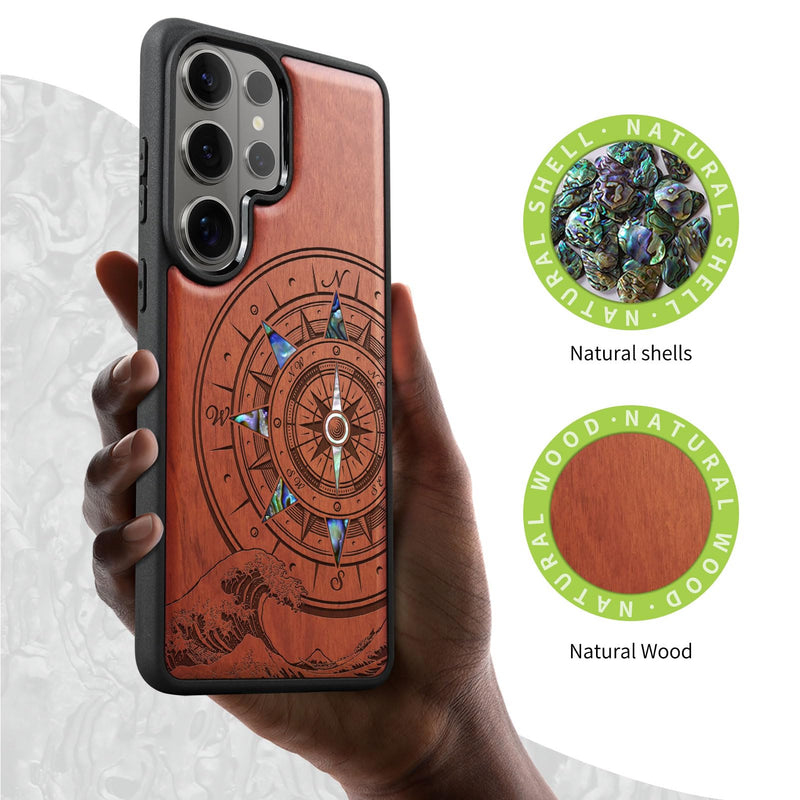 Carveit Magnetic Wooden Case for Samsung Galaxy S26 Ultra Case, Wood Artisan Engraved & Handmade Shell Inlaid, Compatible with MagSafe Wireless Chargers (Wave Compass) Rosy Wave Compass-Rosy
