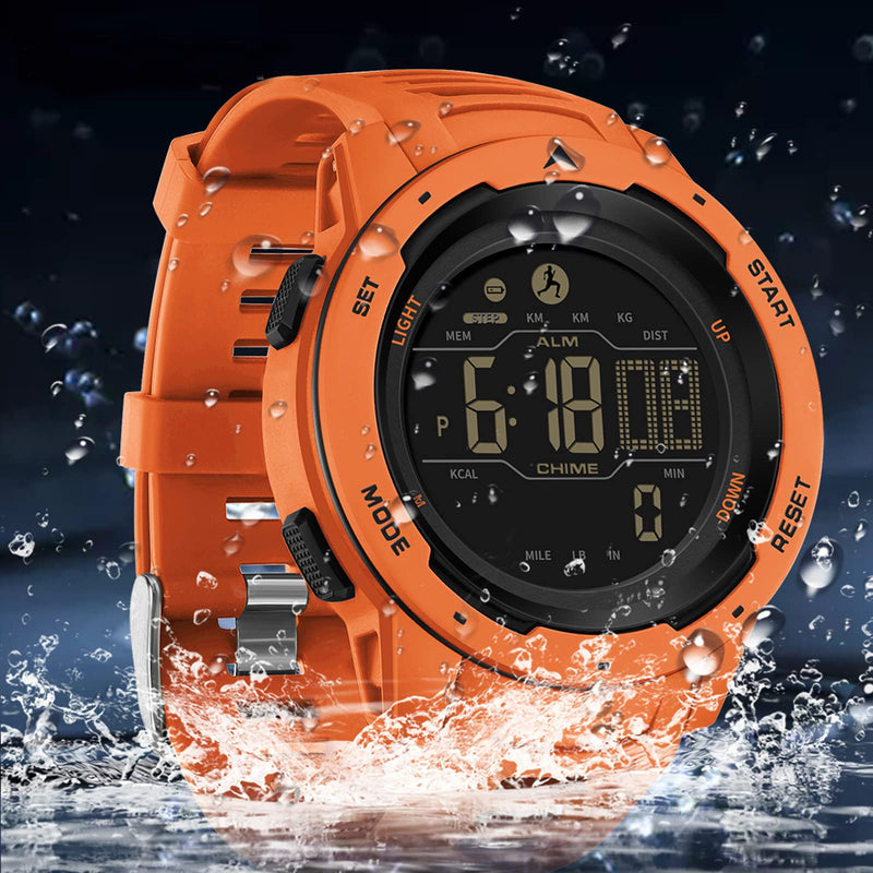 Step Counter Fitness Tracker Watches for Men, Men's Digital Sports Yellow Watch IP68 Waterproof with Pedometer Calorie Dual Time Countdown Stopwatch, Tactical Military Outdoor Survival Hiking Orange - BeesActive Australia
