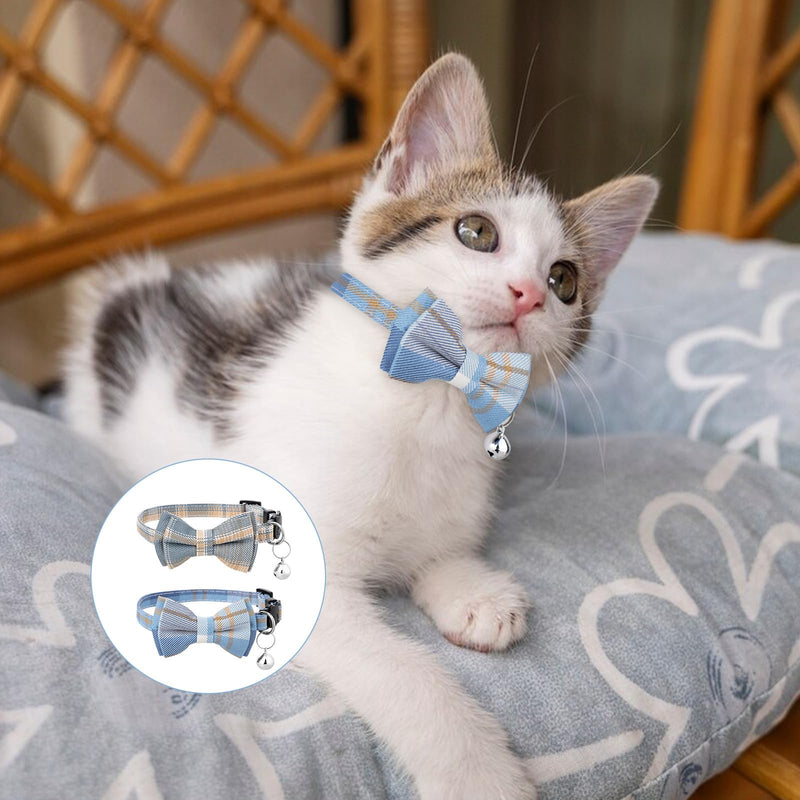 2 PCS Bow Tie Cat Collar with Bells Cat Collar Breakaway Cute Bowtie Plaid Cat Collar with Cat Buckle Soft Adjustable Kitten Accessories for Indoor Cats Puppy and Small Pets Blue and White Plaid - BeesActive Australia