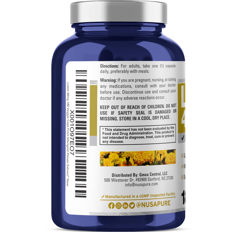 NusaPure Lutein, Non-GMO, Vegan, 40mg, 180 Veggie Capsules - 180 Servings | Carotenoid Formula, Tagetes Erecta, Marigold Flower Extract, Suitable for Adults, Made in cGMP Registered Facility USA