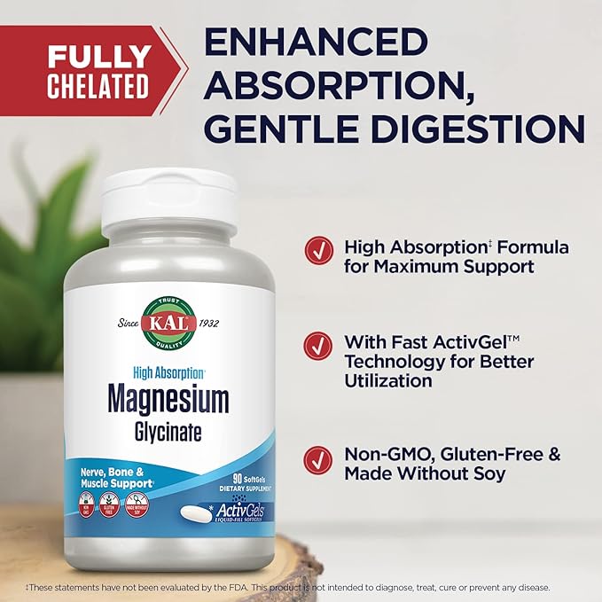 KAL, Magnesium Glycinate, 90 Softgels - BeesActive Australia