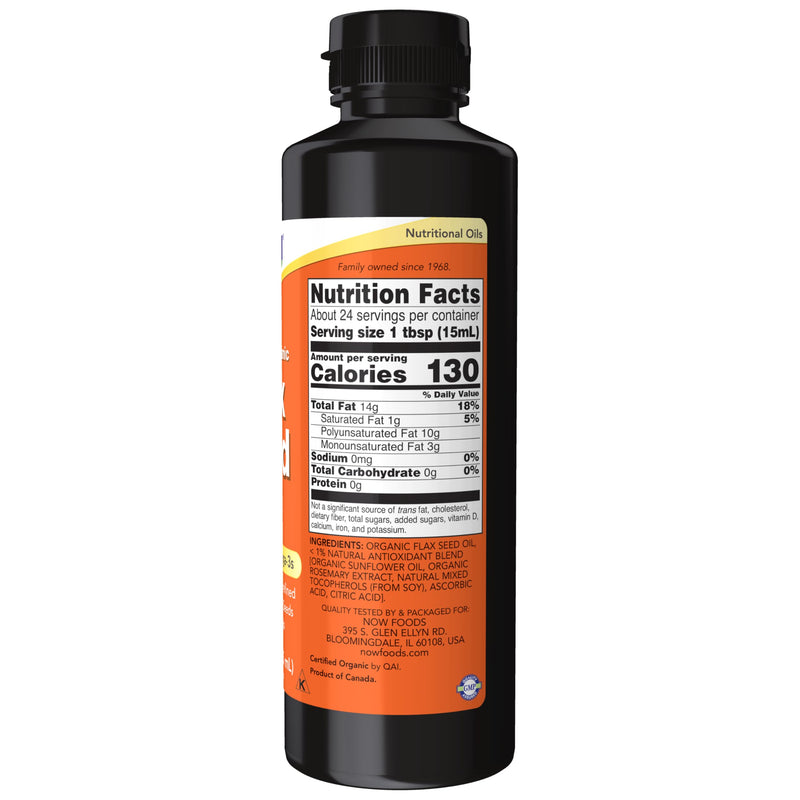 NOW Foods Supplements, Certified Organic Flax Seed Oil Liquid, Cold-Pressed and Unrefined, 12-Ounce 12 Fl Oz (Pack of 1)