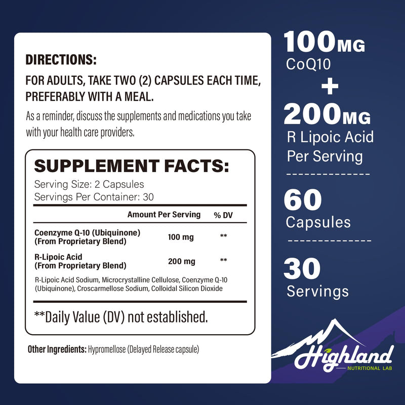 CoQ10 100mg + R-Lipoic Acid 200mg per Serving, 3 Month Supply, Up to 5X Improved Absorption, R-Lipoic Acid/CoQ10 Supplement for Heart Health and Cognitive Health-180 Capsules