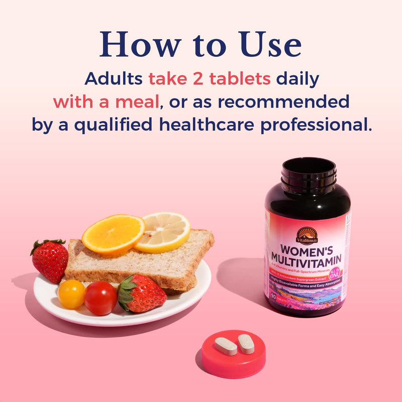 Vitalitown Women’s Multivitamin, Methylated Multivitamins & Multiminerals, A-K Vitamins, Iron, Zinc, Supergreens & More, Women 's Wellness, Hair Growth, High Absorption, Easy to Swallow, 90 Tablets
