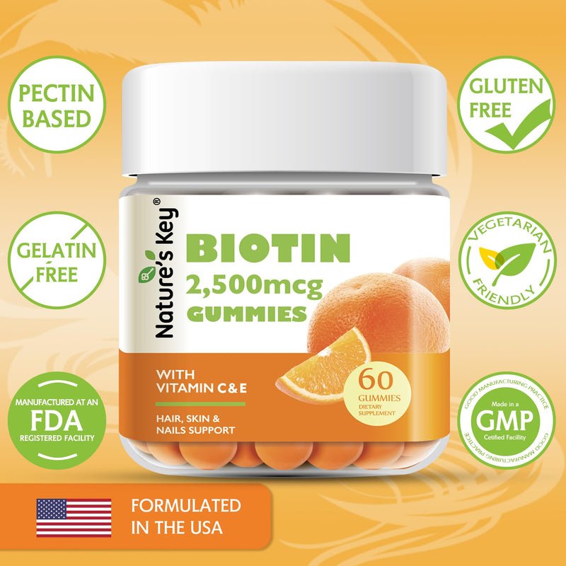 Nature's Key Biotin Gummies with Vitamin C and E, Support Hair Nails Growth & Beautiful Skin for Women Men and Kids, Vegan, Orange Flavors 60 Count 60 Count (Pack of 1)