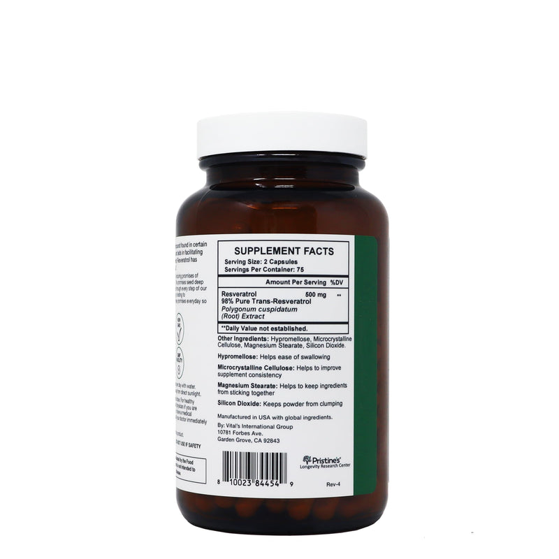 PRISTINE'S Resveratrol 500mg Capsules, 98% Trans-Resveratrol, 150 Count | Healthy aging and antioxidant support from 98% trans-resveratrol. 75 day supply, vegan, non-GMO, gluten-free glass bottle