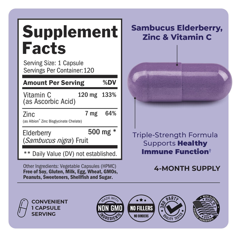Elderberry Capsules with Zinc and Vitamin C for Adults, 120 Count | Immune Support Supplement for Women and Men, Black Sambucus Elderberry with Vitamin C and Zinc, Immune Defense Multiminerals 120 Count (Pack of 1)