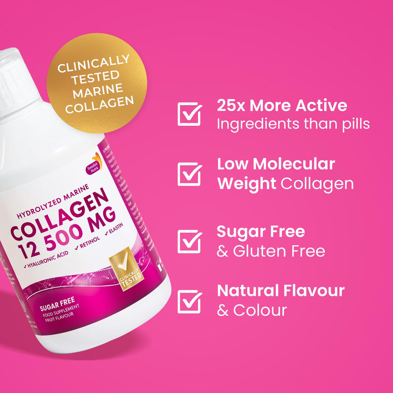 Swedish Nutra Marine Collagen 12,500 mg Liquid, 500 ml, 20 Day | 12,500mg Type 1 & 3 marine collagen with hyaluronic acid, biotin & vitamins for hair, skin, nails & joints; sugar free SN Marine Collagen 12 500 mg Sugar Free 500ml