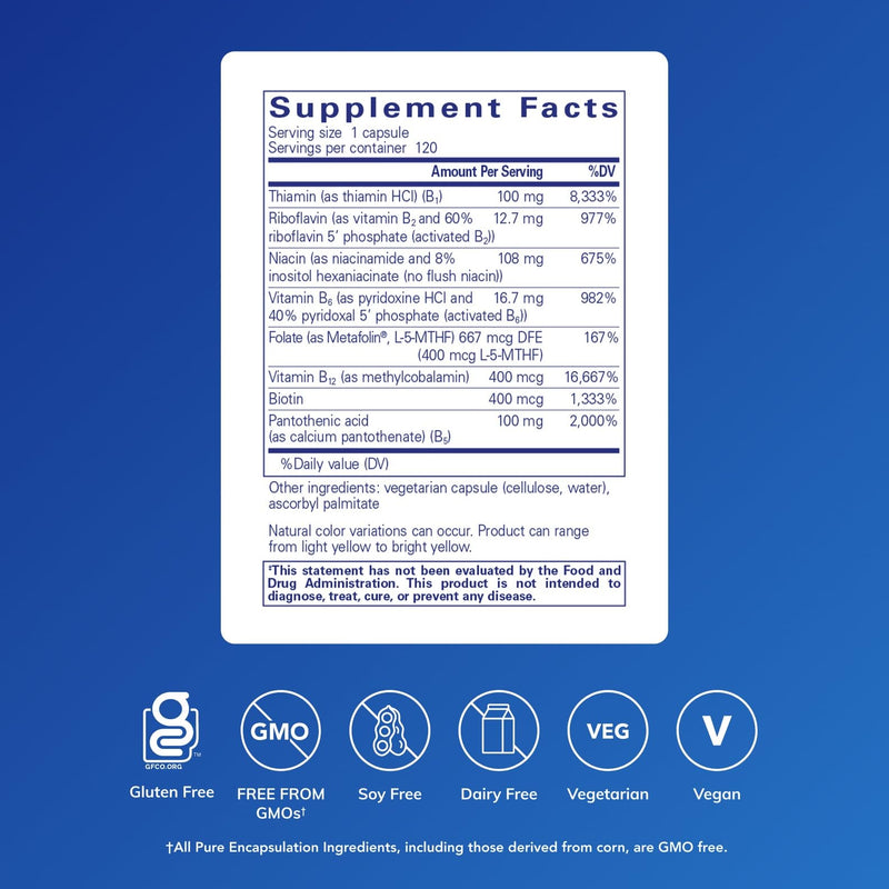 Pure Encapsulations B-Complex Plus, 120 Capsules | B Vitamins Supplement to Support Neurological Health, Cardiovascular Health, Energy Levels and Nervous System Support* Unflavored 120 Count (Pack of 1)