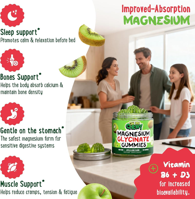 Magnesium Glycinate Gummies Supplement - Support for Sleep, Calm, Relax | Center-Filled, High Absorption for Kids, Teens & Adults with B6 & D3 - Gluten Free & Vegan Friendly 60 Count (Apple & Kiwi)
