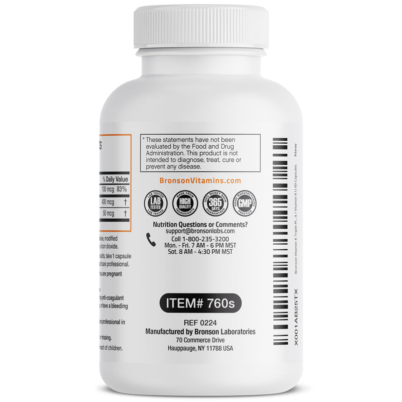 Bronson Vitamin K Triple Play Full Spectrum K1 & K2 MK-4/MK-7, 90 Capsules | 550 mcg Total Vitamin K: 100 mcg K1 + 450 mcg K2, Strong Bone Support, Non-GMO & Gluten-Free Unflavored 90 Count (Pack of 1)