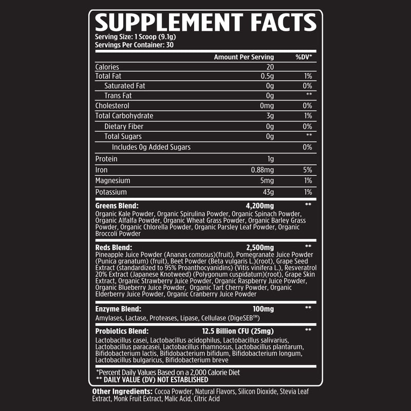 VMI Sports Greens + Reds Advanced Superfood Immunity and Gut Health | Enzymes & Probiotics | 30 Servings (Chocolate) | Superfood powder with greens reds enzymes and probiotics for convenient daily mixing with water or smoothies. Chocolate
