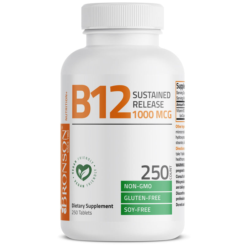 Bronson Vitamin B12 1000 mcg Sustained Release, Energy Support, 250 Tablets | Healthy Brain Function & Nervous System Support, Vegan, Non-GMO, Gluten-Free & Soy-Free 250 Count (Pack of 1)
