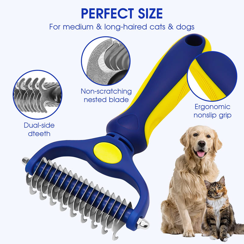 Planet Pet Grooming Brush - Double Sided Shedding, Dematting Undercoat Rake for Dogs, Cats - Extra Wide Dog Grooming Brush, Dog Brush for Shedding, Cat Brush, Reduce Shedding by 95%, Blue&Yellow