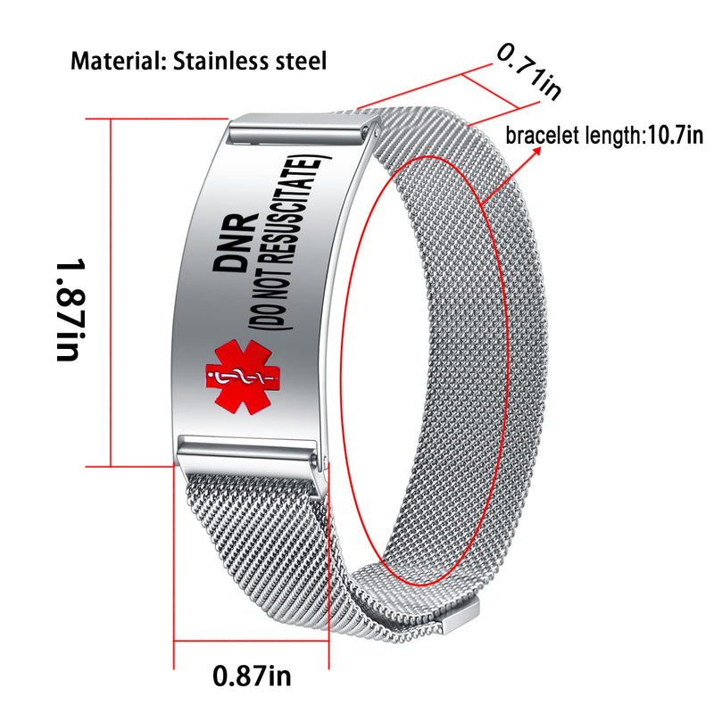 Medical Alert Bracelets for Men Women Medical Id Bracelets with Free Laser Engraving Adjustable Stainless Steel Band Magnetic Security Clasp Dual-Side Engraving DNR(DO NOT RESUSCITATE)