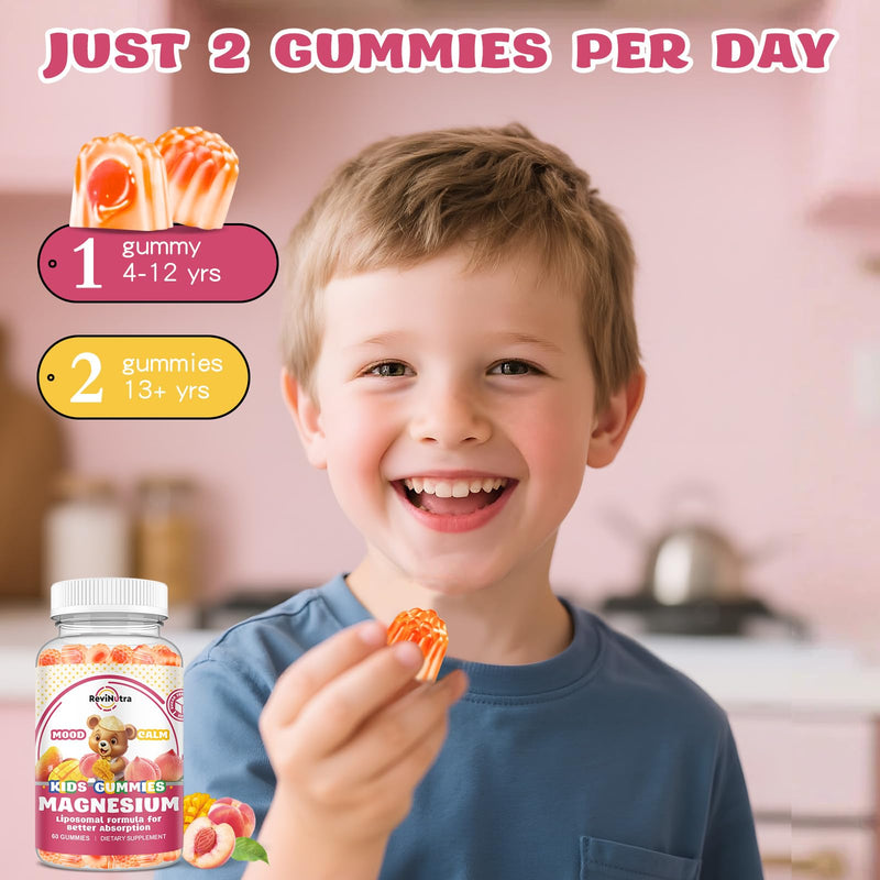 Liposomal Kids Magnesium Gummies- Magnesium Glycinate Gummies for Kids Supplement-w/Omega-3, Vitamin B6, D3- Support Calm Stress Relief, Bones, Mood, Peach & Mango Flavor, 60 Count 60 Count (Pack of 1)