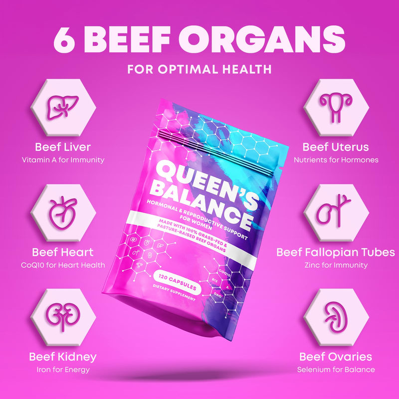 Beef Organ Supplement for Women - Formula of 6 Grass Fed Beef Organs - Liver, Heart, Kidney, Uterus, Ovaries - Supports Womens Hormone Balance, Energy, Health - Female Supplements, 120 Capsules