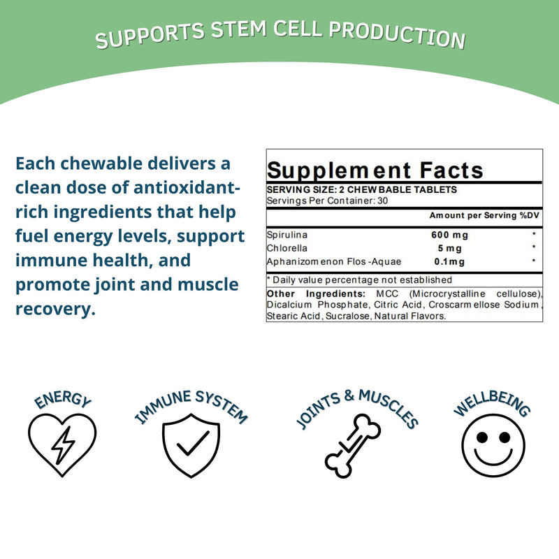 Bioxtron Natural Stem Cell Supplement Chewable Tablets - Spirulina, Chlorella, AFA - Supports Energy, Joint, Muscle, Immune Health - Stem Cell Regenerator - 60 Tablets (30 Servings) 60 Count (Pack of 1)