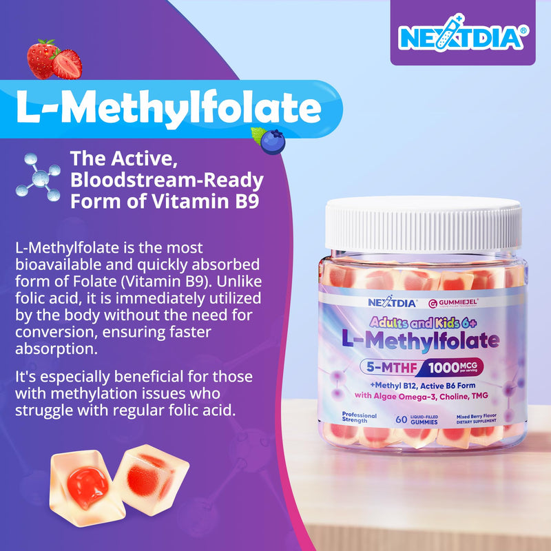 L-Methylfolate 1000mcg Methyl B12 Gummies + Omega-3 for Kids & Adults, 60Ct | Methylated Active 5-MTHF + Methyl B12, Choline TMG B6, DHA:EPA=3:1, Supports MTHFR Gene, Brain Energy Methylation, Sugar Free 60 Count (Pack of 1)