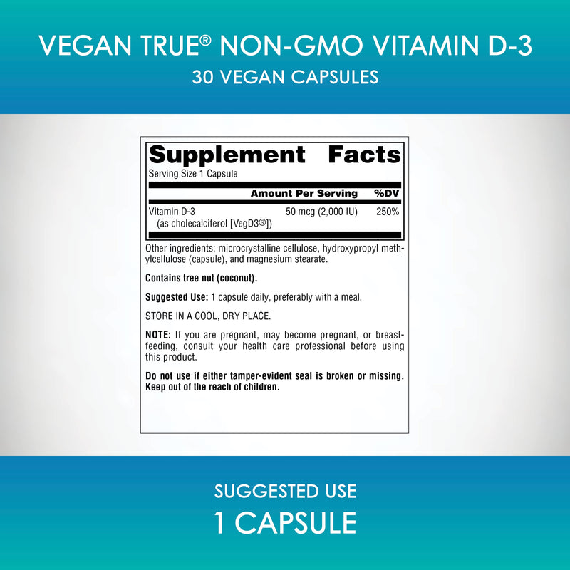 Source Naturals Vegan True, Vitamin D-3, 2,000 IU - 30 Vegan Capsules | Non-GMO | Immune and Bone Health* 30 Count (Pack of 1)