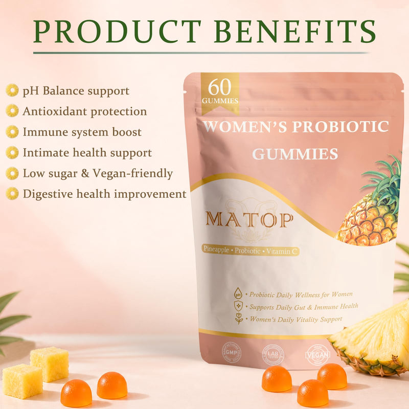 MATOP Women’s Probiotic Pineapple Gummies – Gut Health & pH Balance Daily Digestive Feminine Wellness, Vegan Sugar-Free, 60 Count 60 Count (Pack of 1)