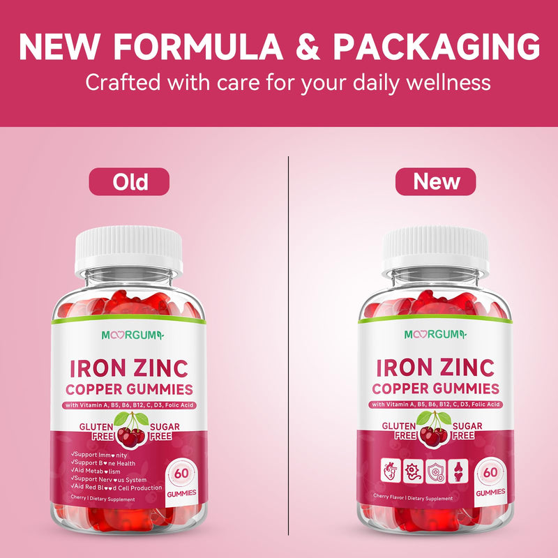 Iron, Zinc, Copper Supplements for Women & Men, Mineral Gummies with Vitamin A, B5, B6, C, D3, B12 for Adults, Kids, Promote Energy, Support Immunity, Bone Health, Sugar Free, Cherry Flavor, 120 Count 60 Count (Pack of 2)