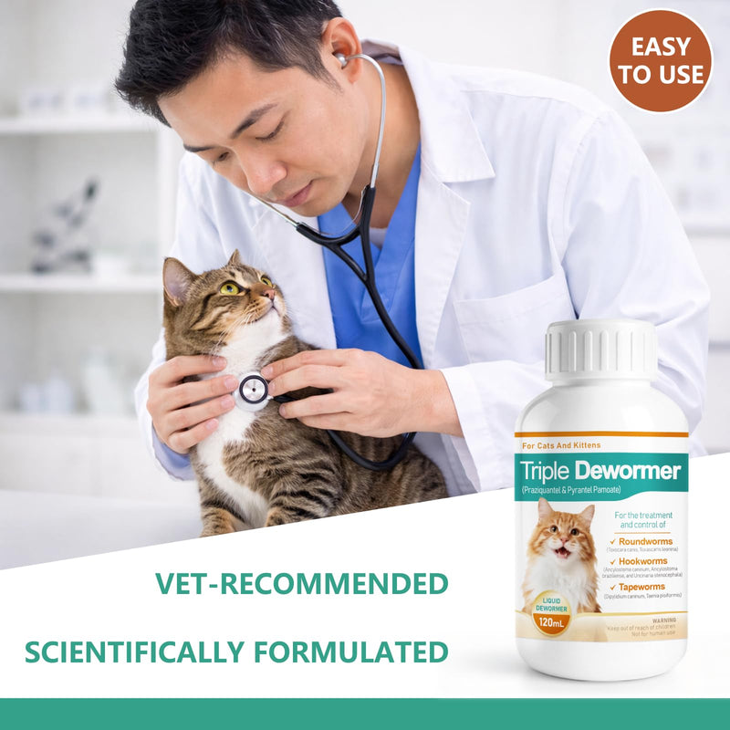 Cat Dewormer Liquid - Triple Dewormer with Pyrantel Pamoate & Praziquantel for Tapeworms, Roundworms & Hookworms, Easy-to-Give Broad-Spectrum Liquid for Cats,120 mL (4.2 fl oz)