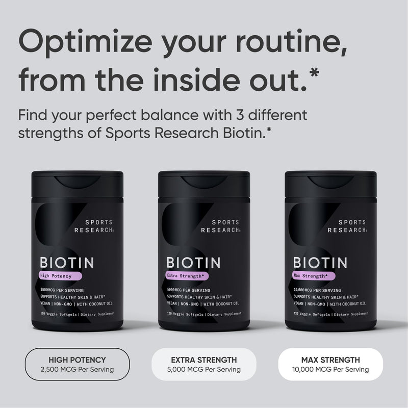 Sports Research® Biotin 5,000mcg w/Coconut Oil, 30 Count Plantgels™ | Extra Strength Vegan Biotin (Vitamin B7) for Healthy Skin and Hair Support | Non-GMO, Gluten & Soy-Free, 30 Servings