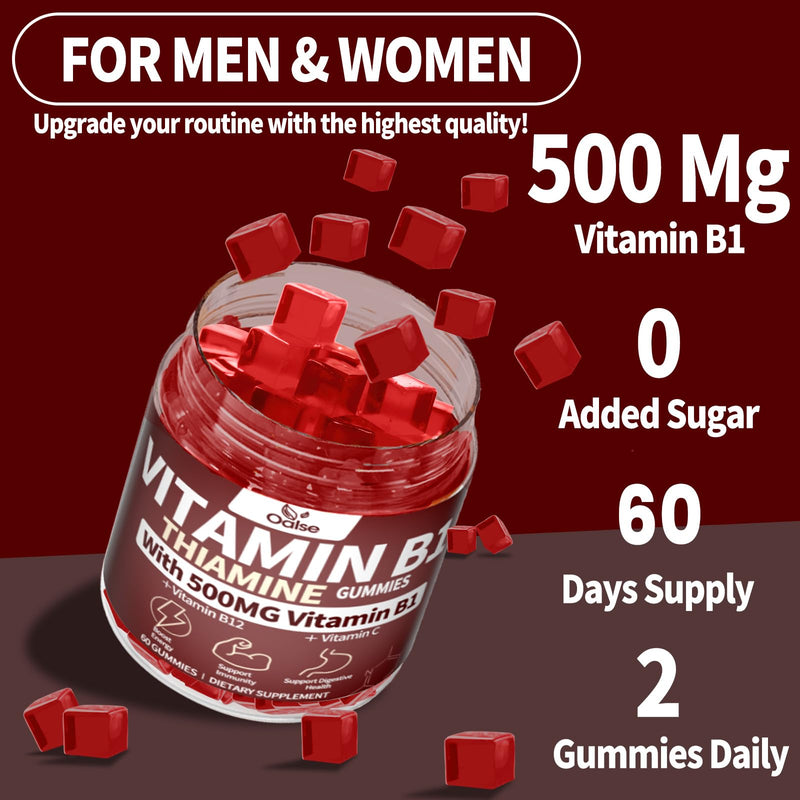 2 Pack Vitamin B1 Gummies, 500mg Vegan Sugar Free Thiamine B1 Supplement | Thiamine Gummies with B12 for Adults & Kids, Mixed Berries Flavor,120 Counts Focus Supplement 120 Count (Pack of 1)