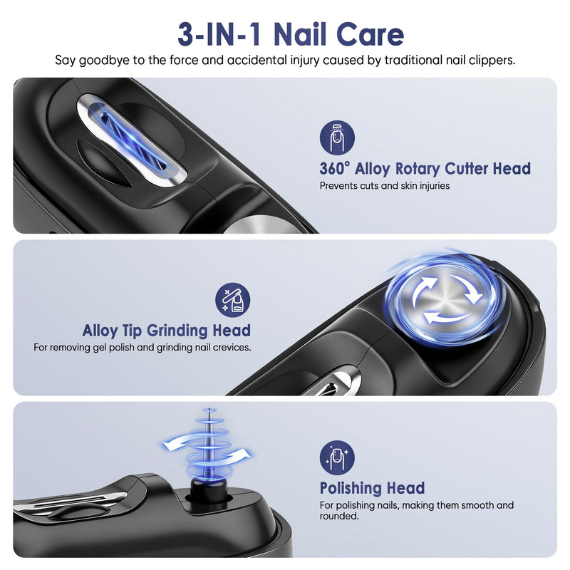 Electric Nail Clipper, Electric Nail Trimmer with Light and Nail Scraps Storage, Electric Toenail Clippers with Polishing, Rechargeable Electric Automatic Nail Clipper for Seniors, Women, Men (Black) Black - BeesActive Australia
