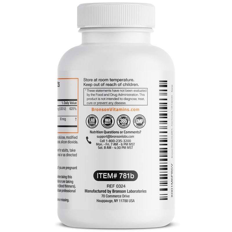 Bronson Vitamin K2 (MK7) with D3 Supplement Non-GMO Formula 5000 IU Vitamin D3 & 90 mcg Vitamin K2 MK-7 Easy to Swallow Vitamin D & K Complex, 120 Capsules. Unflavored 120 Count (Pack of 1) - BeesActive Australia