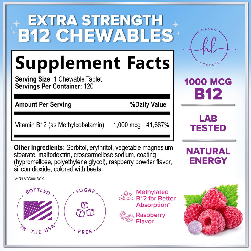 Vitamin B12 1000 mcg per Serving Chewables - B12 Complex with Heart & Nerve Energy Health Support - Vitamin B-12 Complex with Immune Health Support - Fast Dissolve, Bottled in USA - 120 Chewables 120 Count (Pack of 1)