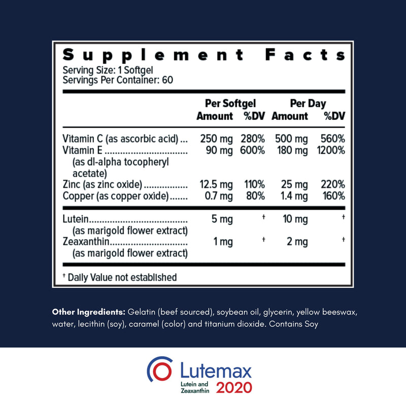 AREDS2 Based Eye Vitamins, Lutein, Zeaxanthin, Low-Zinc | Macular and vision support, 25mg zinc, safe for smokers, Lutemax 2020, doctor-formulated, made in USA, cGMP, 60-day supply
