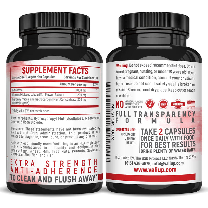 VALI D-Mannose 1000mg Urinary Tract Health Formula. Organic Cranberry Fruit Powder & Hibiscus. Healthy Bladder, Natural Cleanse, Fast Detox Flush, Herbal UT Function Support Pills. 60 Veggie Capsules