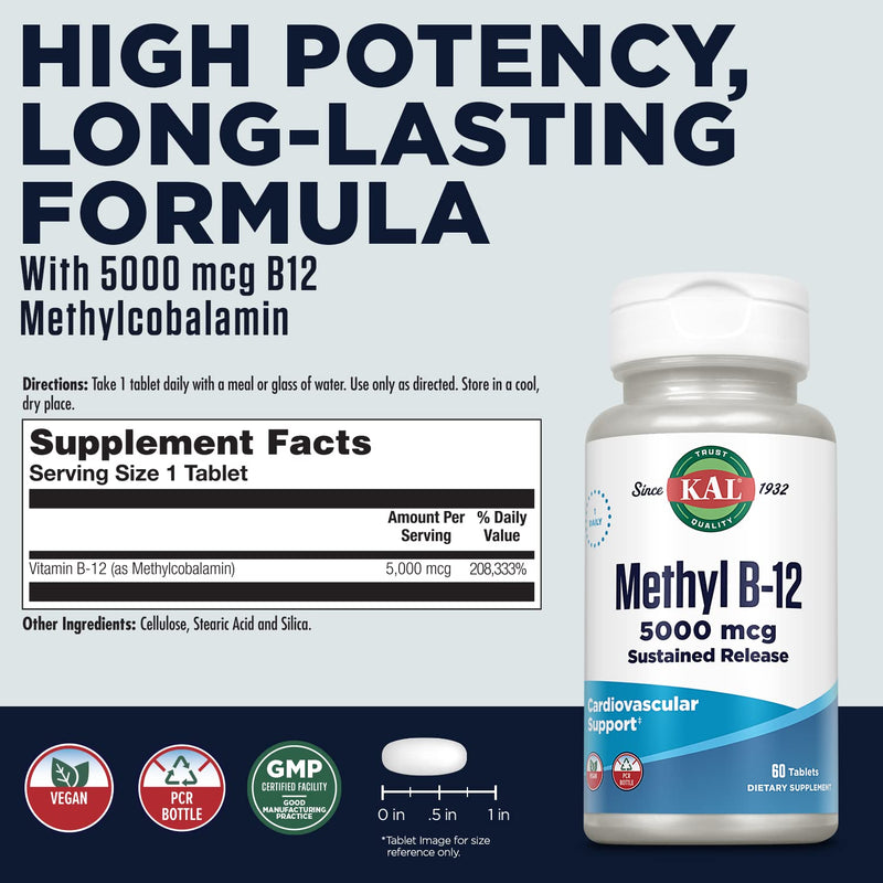 KAL Vitamin B12 Methylcobalamin 5000mcg, Healthy Energy, Metabolism, Nerve & Red Blood Cell Support,* Fast Dissolve ActivMelts, Optimal Absorption, Natural Raspberry Flavor, 90 Servings, 90 Micro Tabs | Cellular Energy, Metabolism, Heart, Nerve Support...
