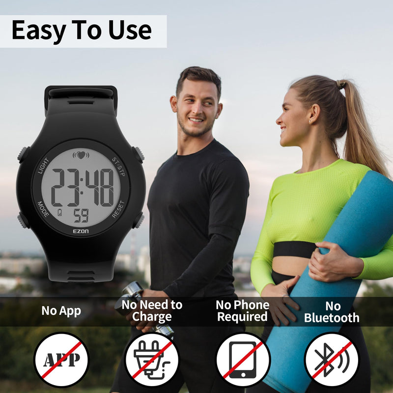 EZON Heart Rate Monitor Chest Strap and Digital Watch,5ATM Waterproof Fitness Tracker with HRM,Calories Burned,Stopwatch and Hourly Chime - Ideal Fitness Presents for Men and Women Black - BeesActive Australia