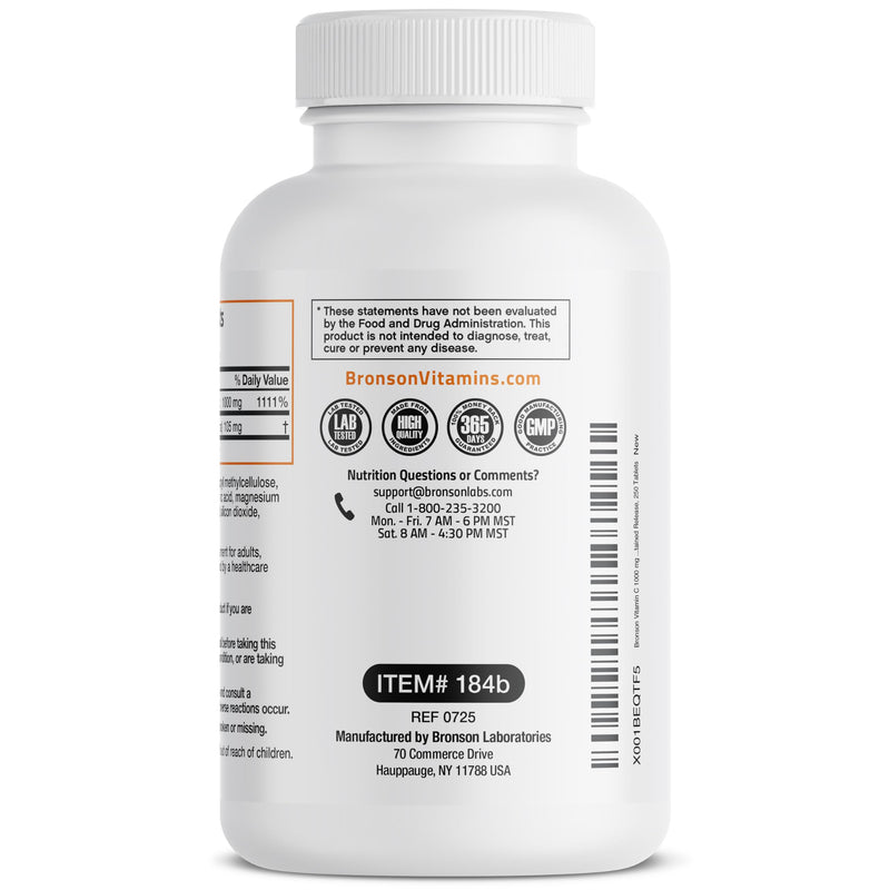 Bronson Vitamin C 1000 mg with Rose Hips Sustained Release, 250 Tablets