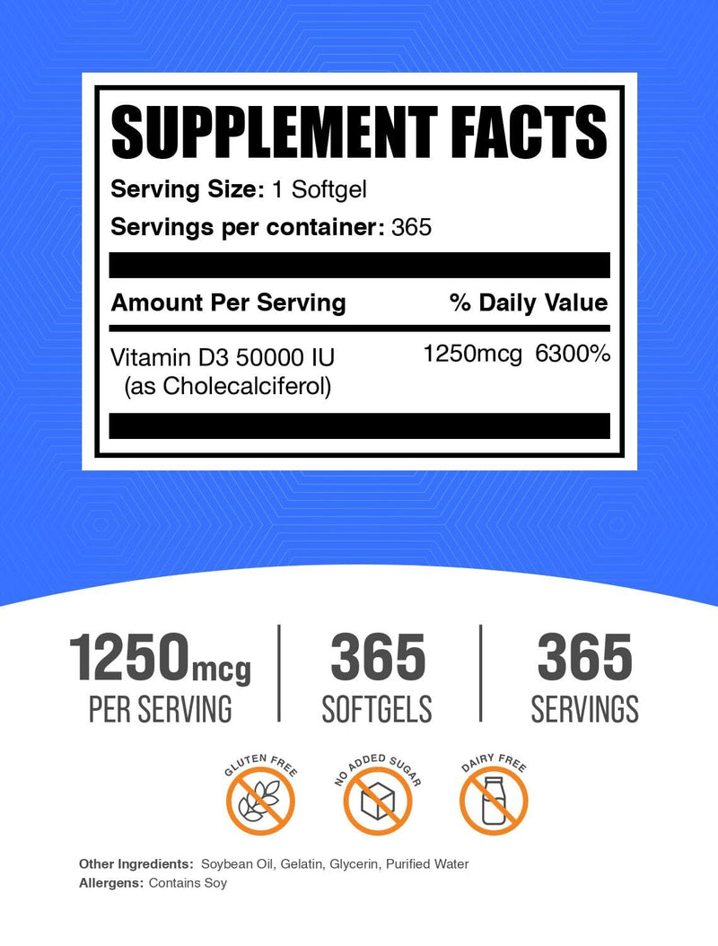 BulkSupplements.com Vitamin D3 Softgels - Gluten Free, 1 Softgel per Serving (50000 IU), 365 Count (Pack of 1)