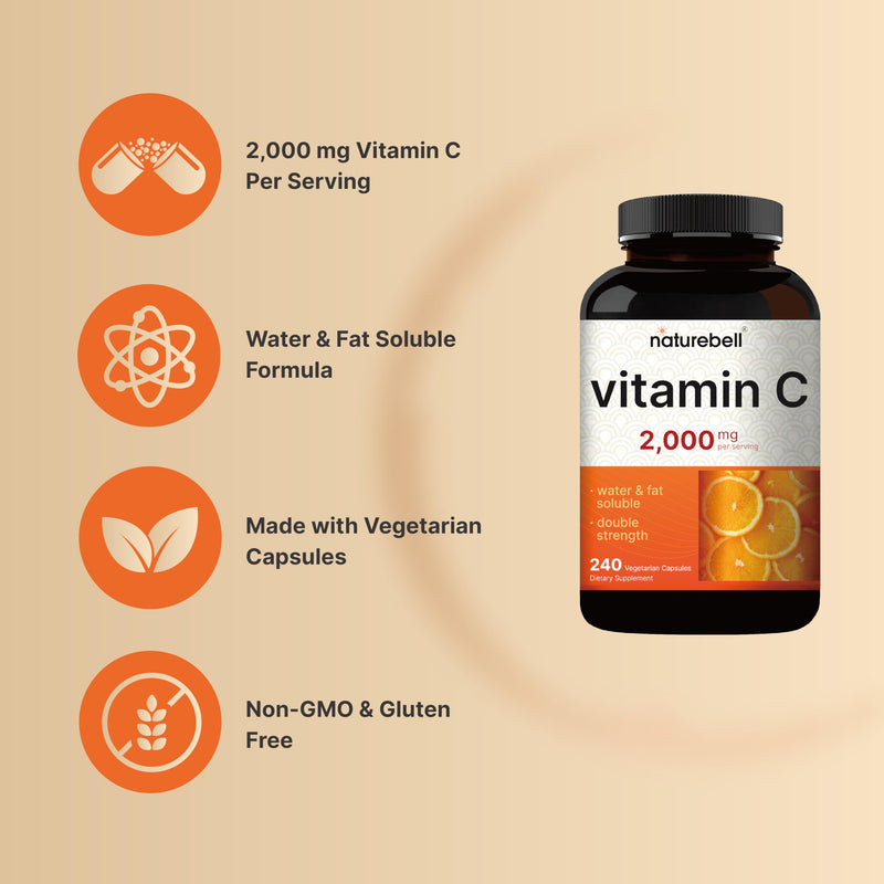 NatureBell Vitamin C 2000 mg Per Serving, 240 Vegetarian Capsules | Water & Fat Soluble Vitamin C for Daily Use (Ascorbic Acid & Ascorbyl Palmitate) | Non-GMO, Gluten Free